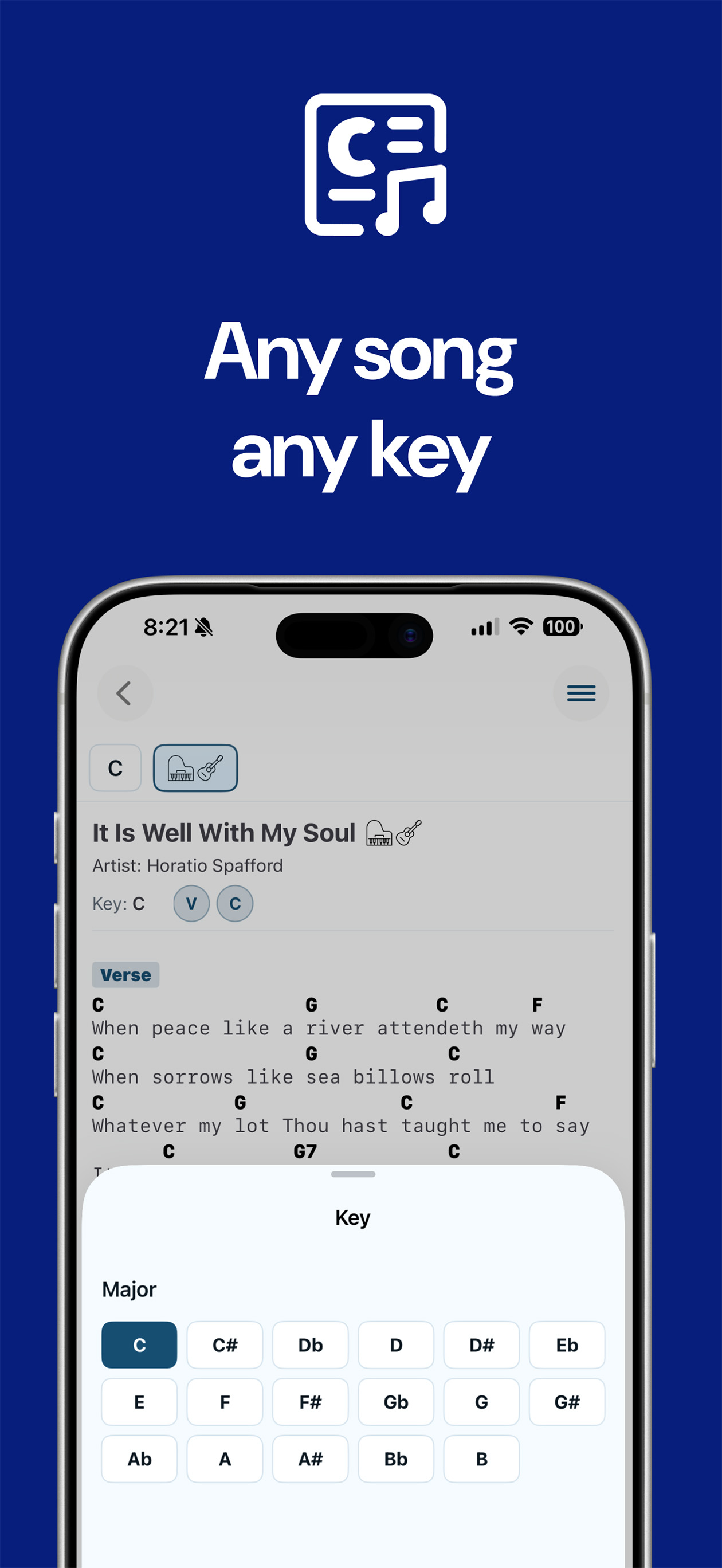 Any song, any key — transpose with the key picker